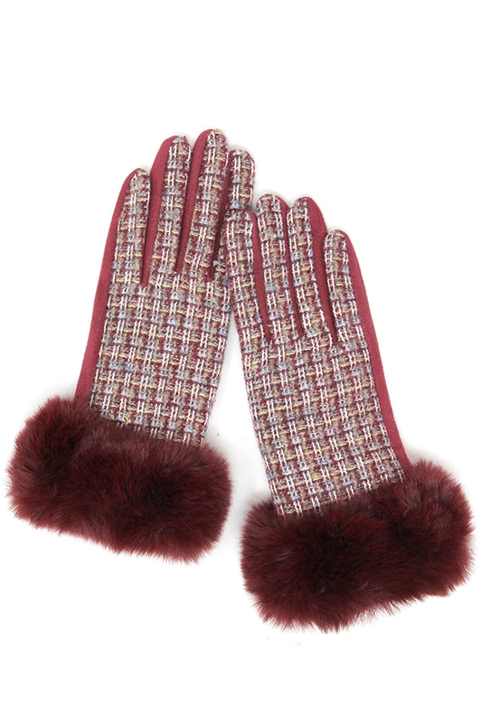 Tweed Gloves W/ Faux Fur Trim