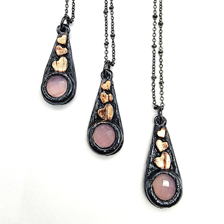 Gunmetal Rose Quartz + Hearts Necklace
