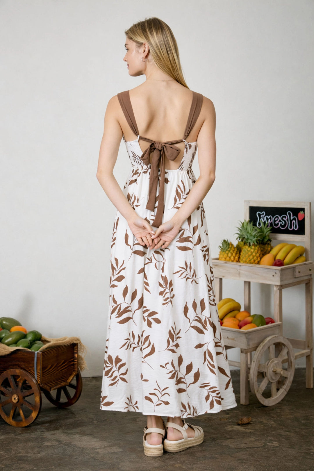 Leaf Print Dress With Bow Accent