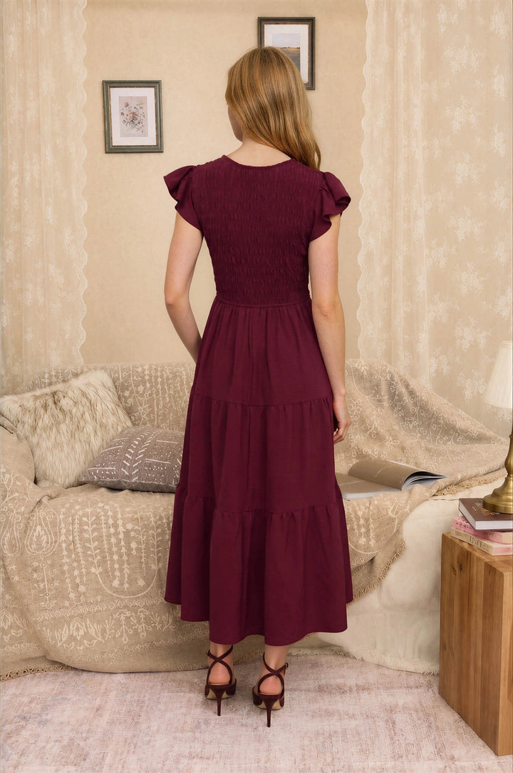 Smocked + Tiered V Neck Dress