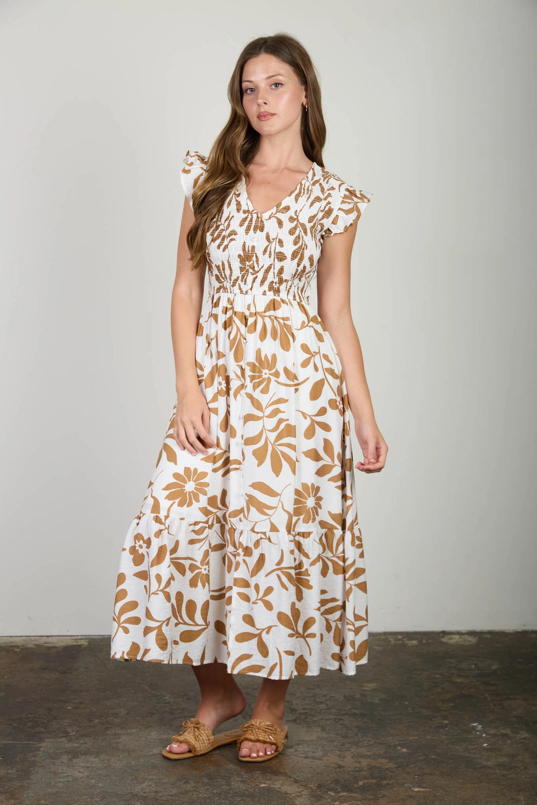 Smocked + Tiered Leaf Print Dress