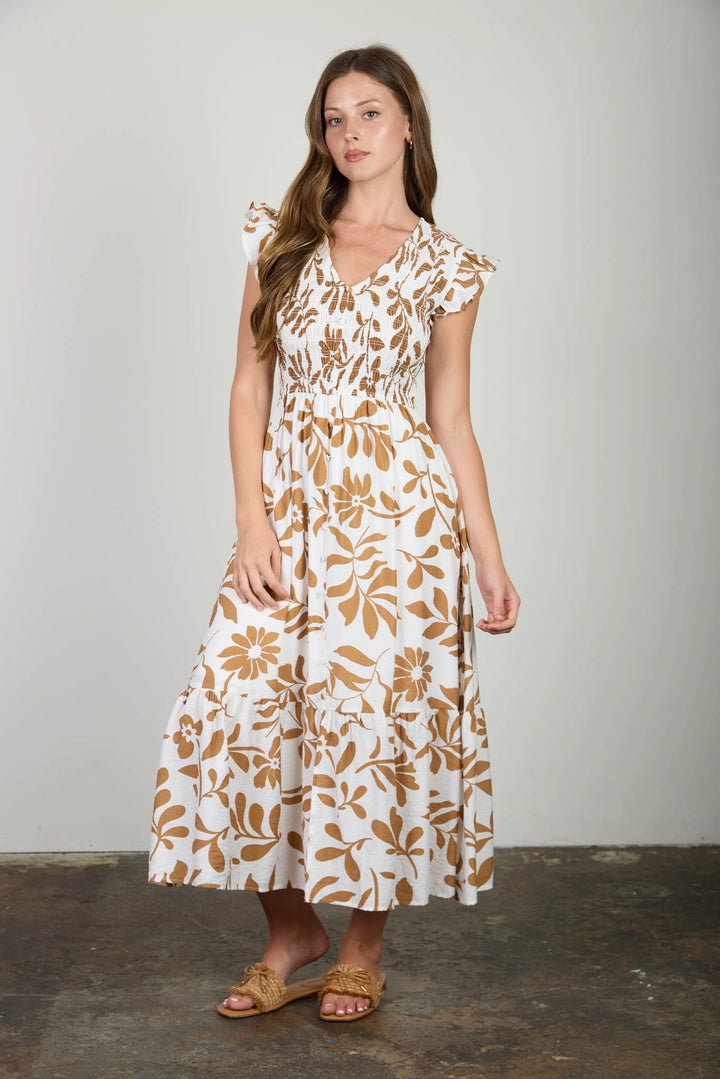 Smocked + Tiered Leaf Print Dress