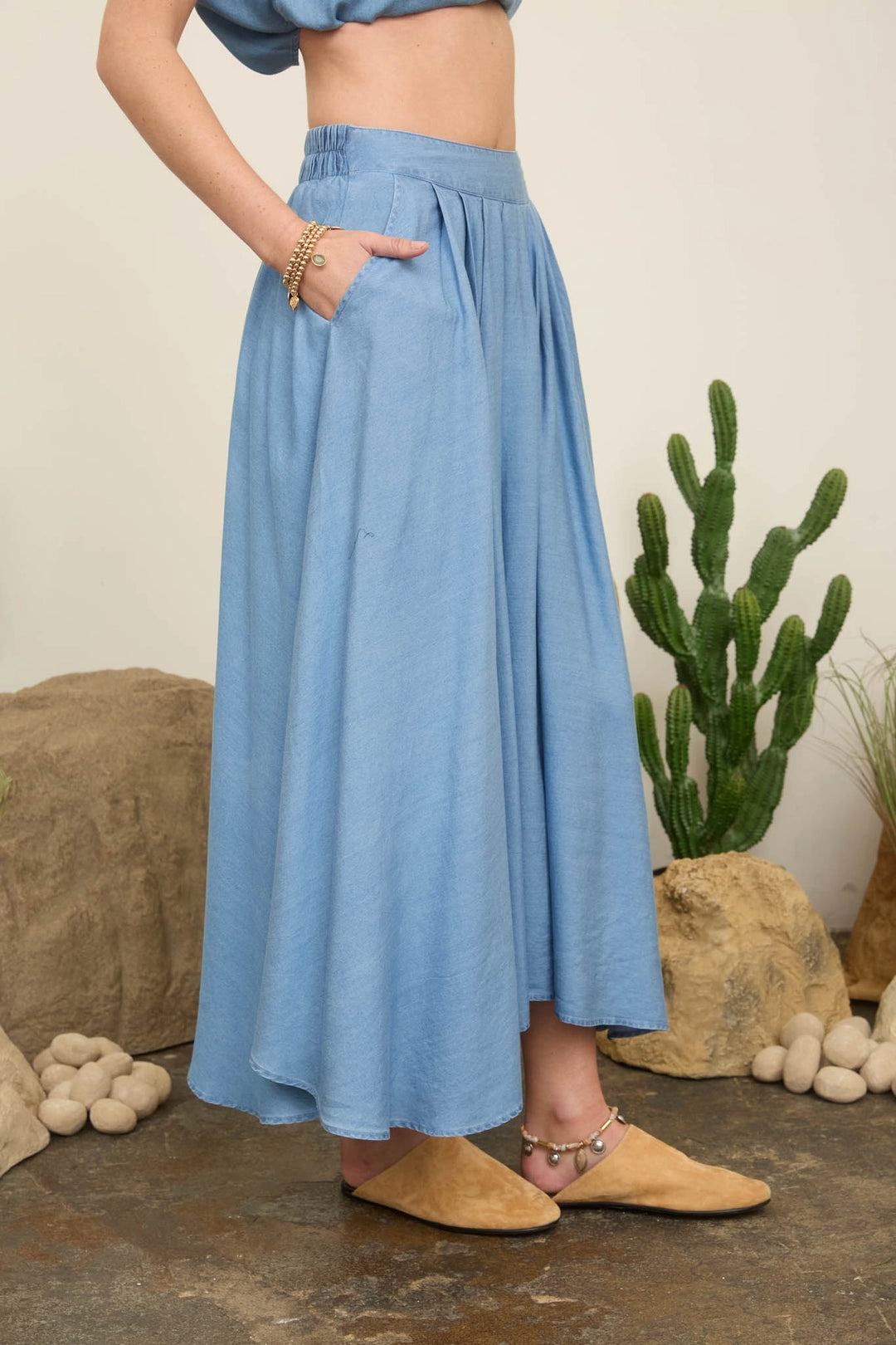 Pleated Chambray Midi Skirt