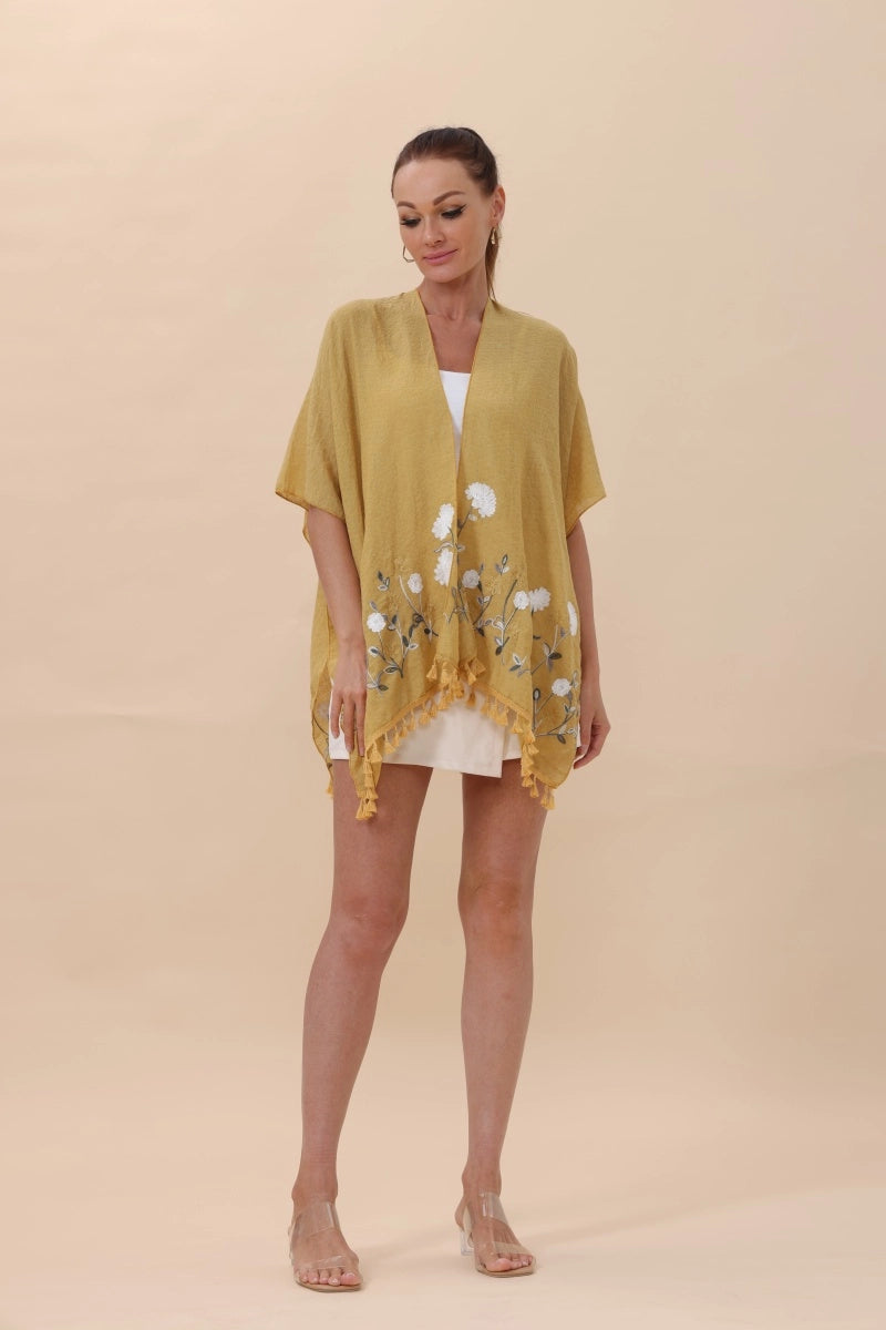 Floral Embroidered Kimono With Tassels