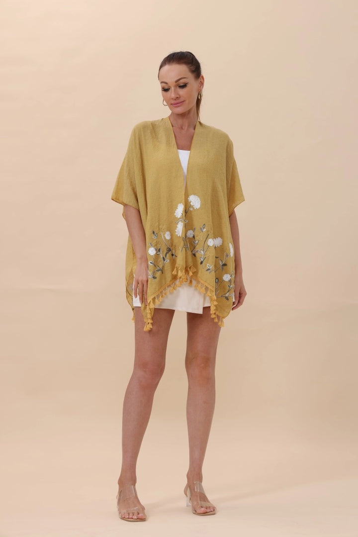 Floral Embroidered Kimono With Tassels