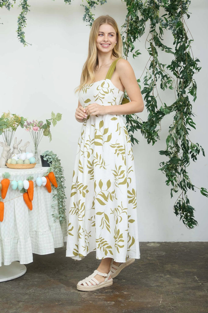Leaf Print Dress With Bow Accent