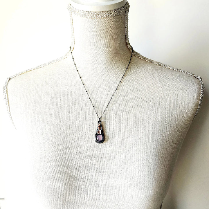 Gunmetal Rose Quartz + Hearts Necklace