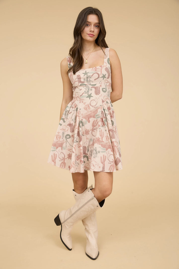 Western Print Sleeves Mini Dress