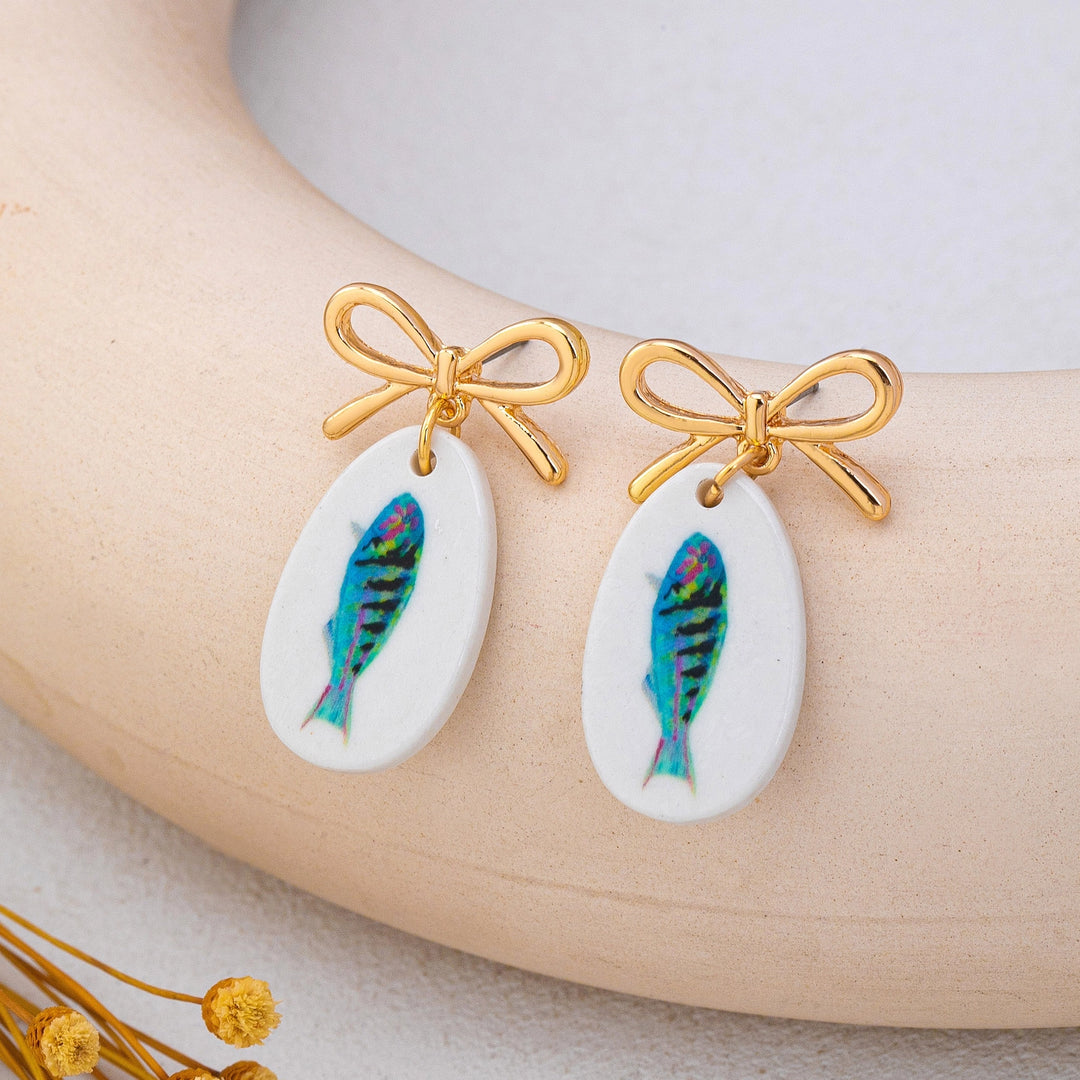Gold Bow Drop Earrings - Fish