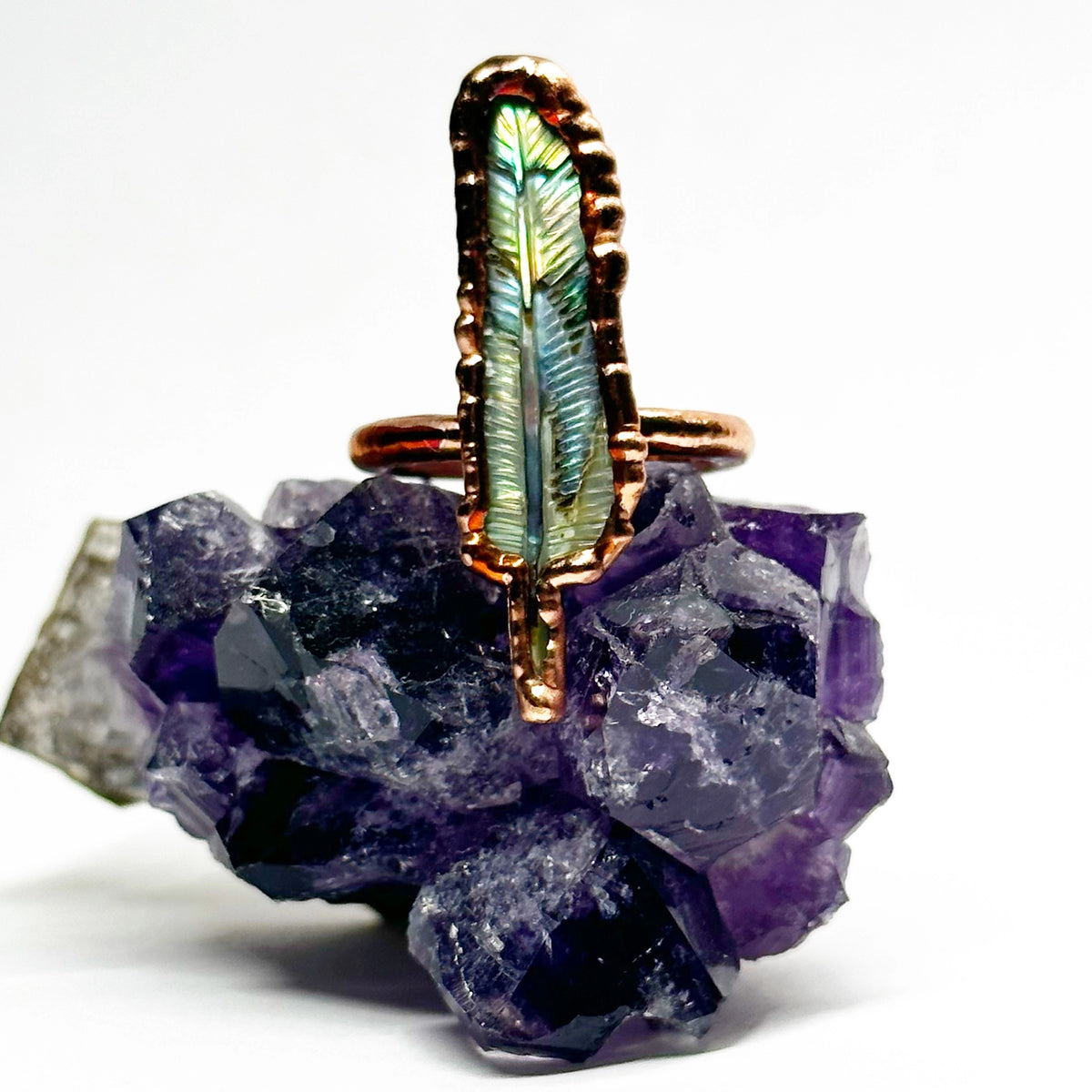 Carved Abalone Feather Ring