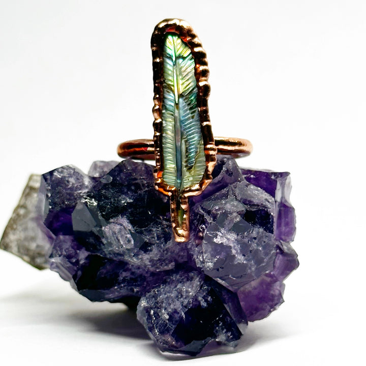 Carved Abalone Feather Ring
