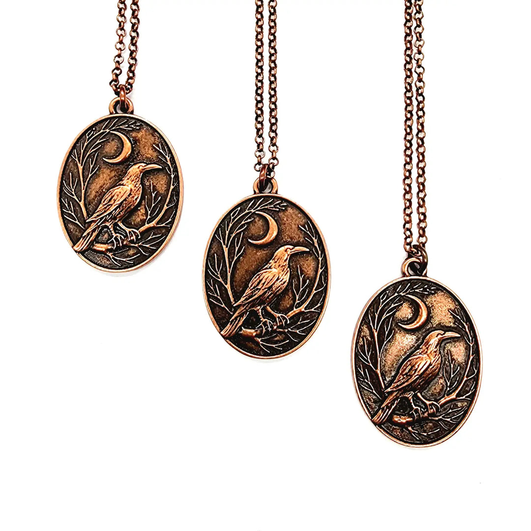 Raven + Crescent Moon Copper Pendant