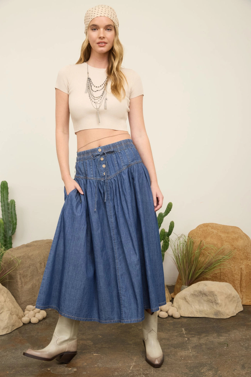 Pintuck Yoke Denim Skirt