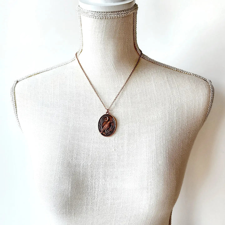 Raven + Crescent Moon Copper Pendant