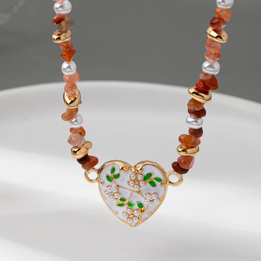 Floral Pearl Heart Charm Necklace