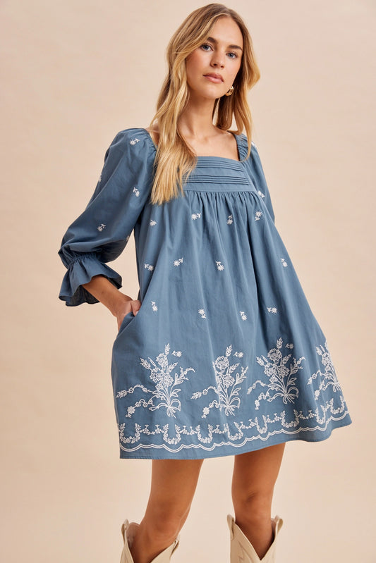 Pleat Detail Embroidered Mini Dress