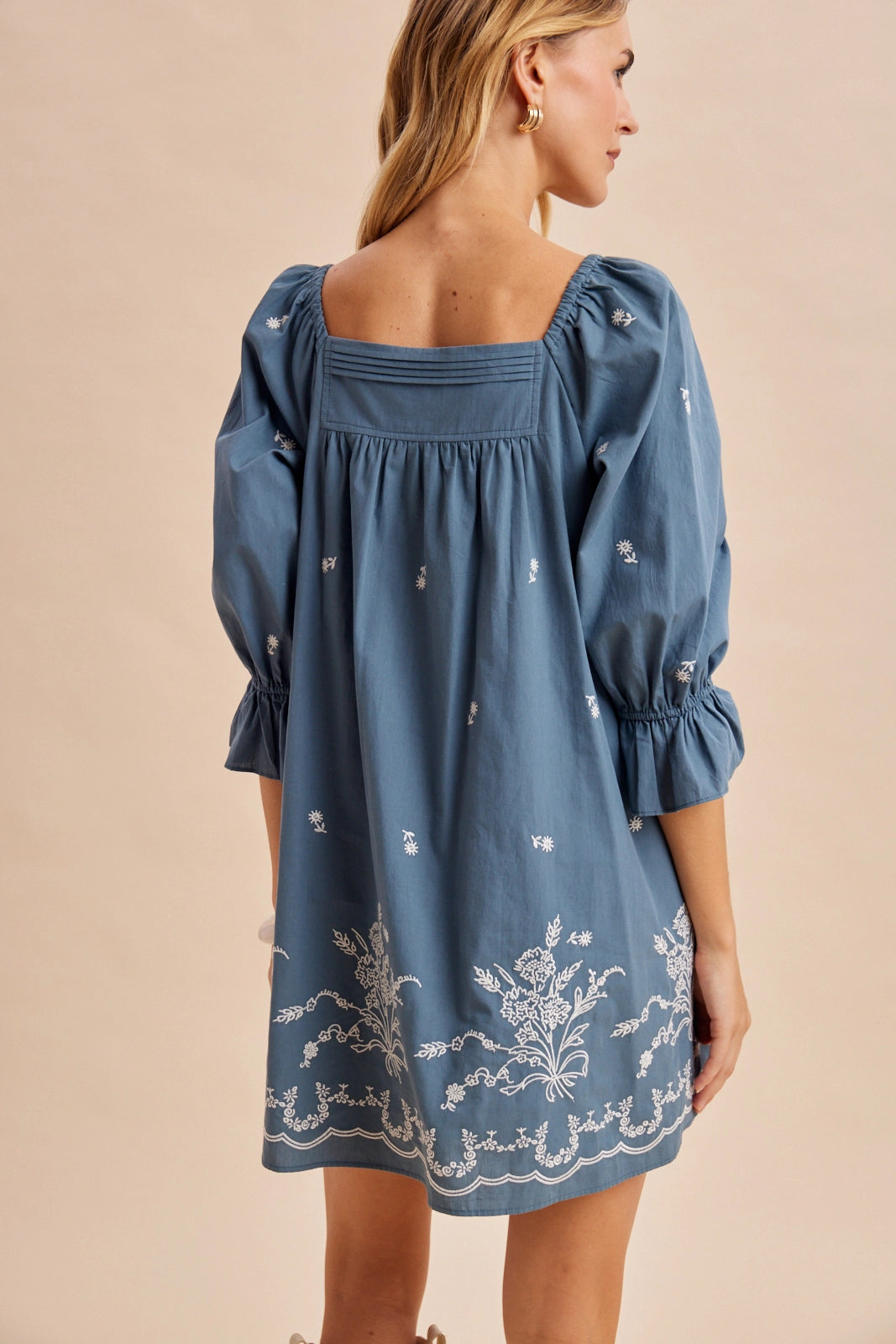 Pleat Detail Embroidered Mini Dress