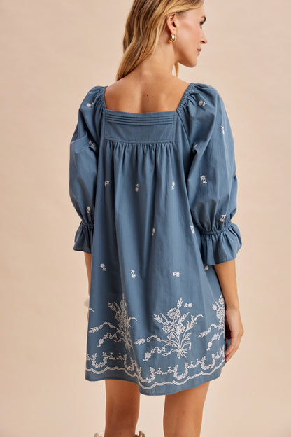 Pleat Detail Embroidered Mini Dress
