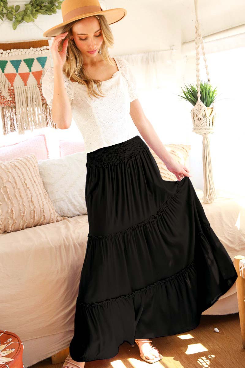 Solid Three Tiered Maxi Skirt