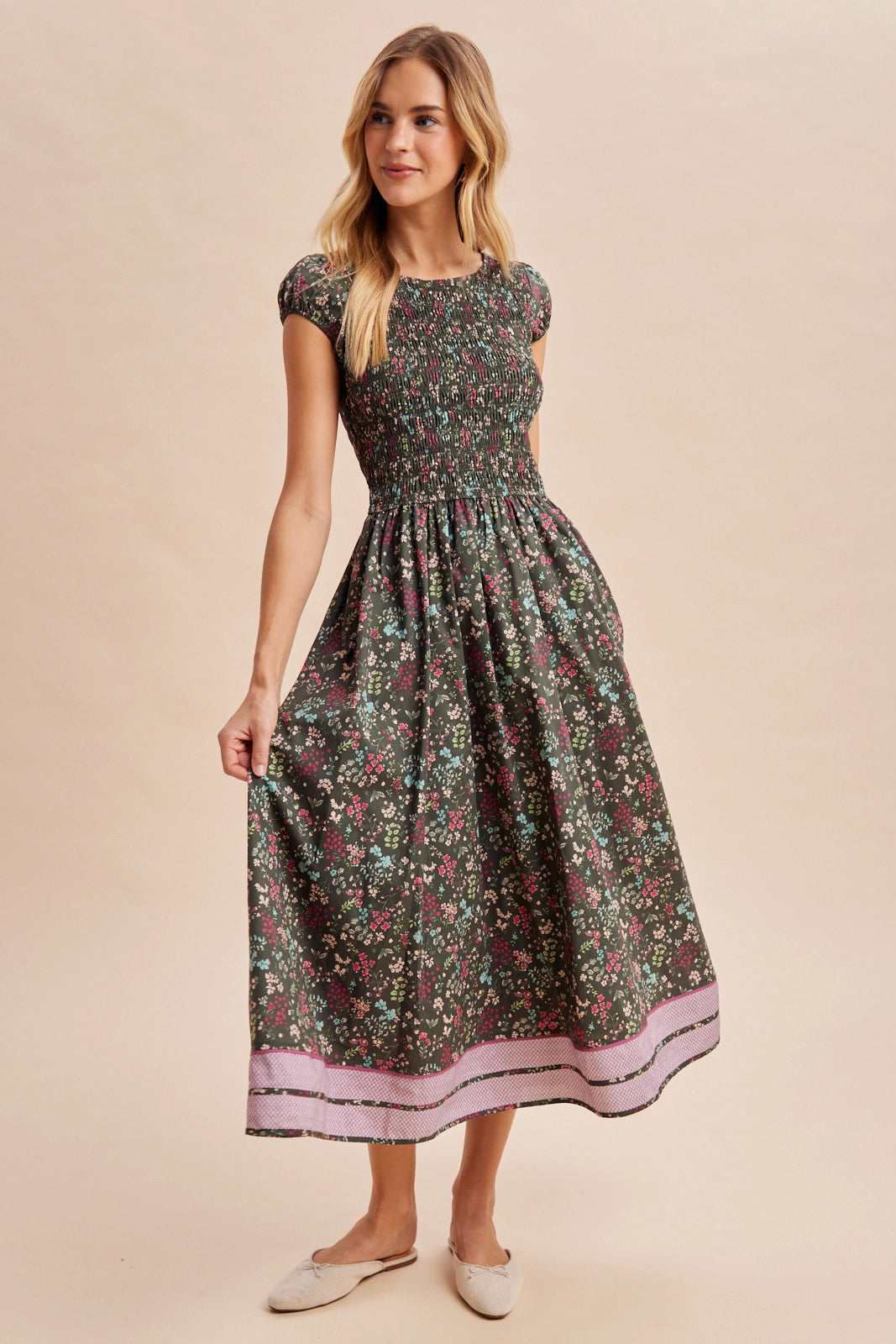 Smocked Floral Midi Dress