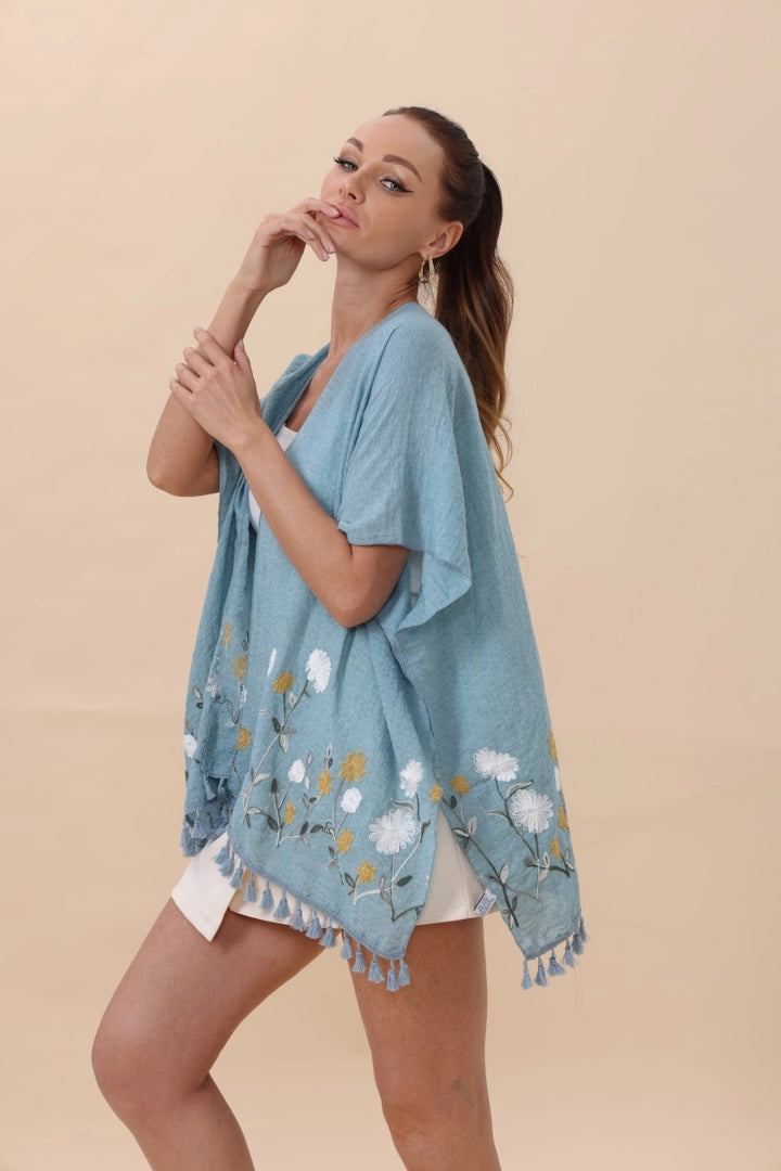 Floral Embroidered Kimono With Tassels