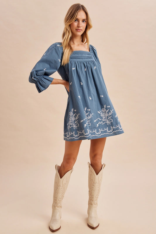 Pleat Detail Embroidered Mini Dress