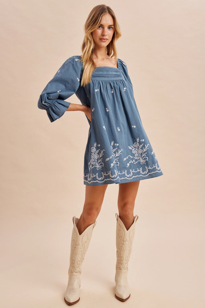 Pleat Detail Embroidered Mini Dress