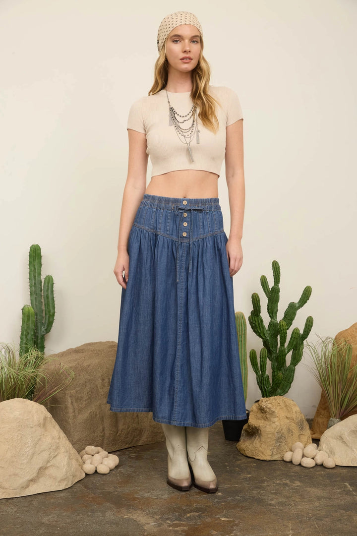 Pintuck Yoke Denim Skirt