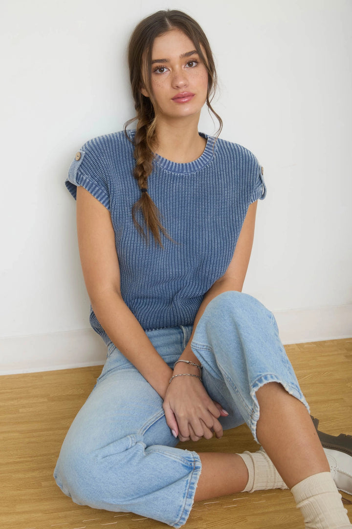 Acid Washed Back Button Top