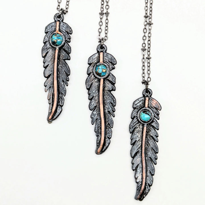 Gunmetal Feather Pendant W/ Turquoise