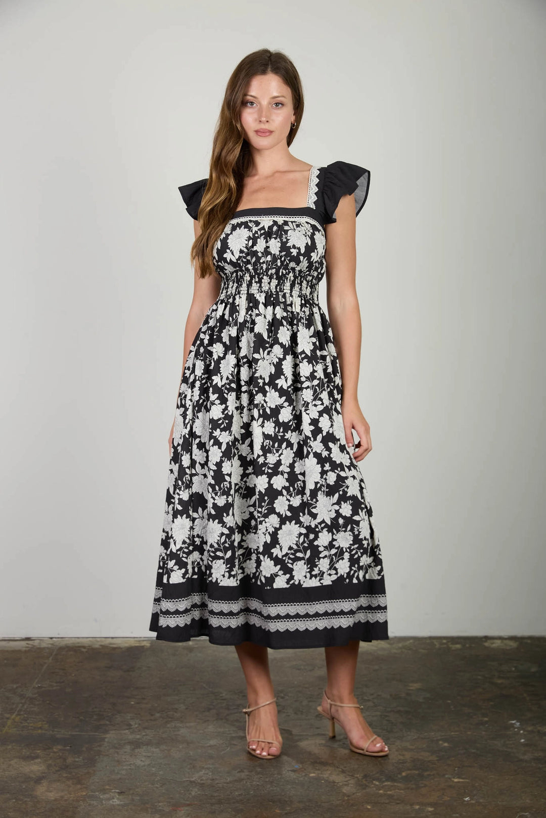 Black + White Floral Midi Dress