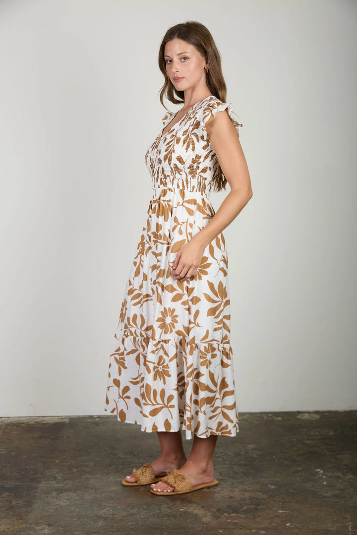 Smocked + Tiered Leaf Print Dress
