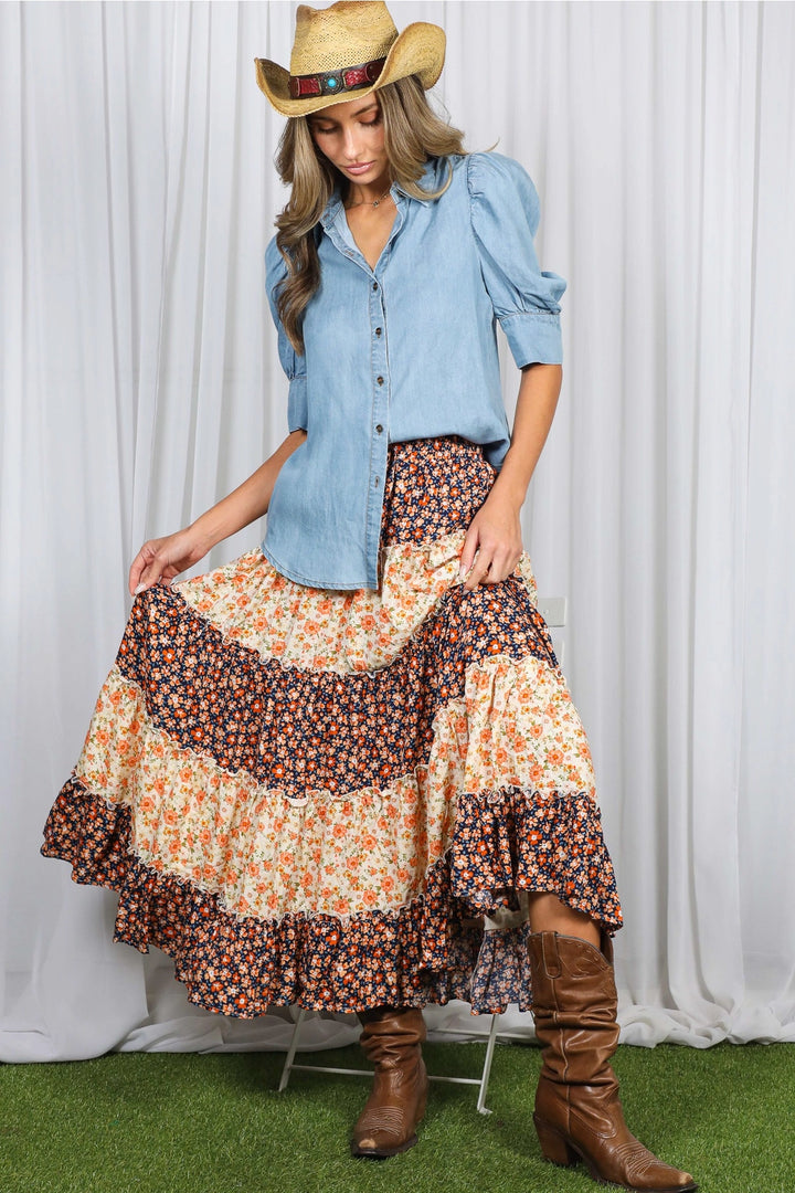 Colorblock Tiered Maxi Skirt