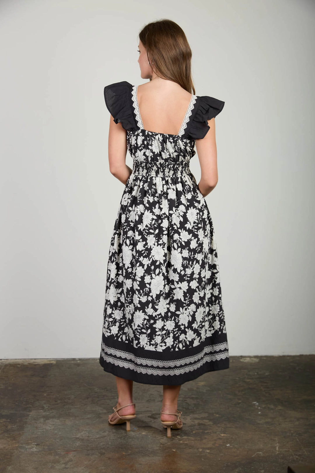 Black + White Floral Midi Dress