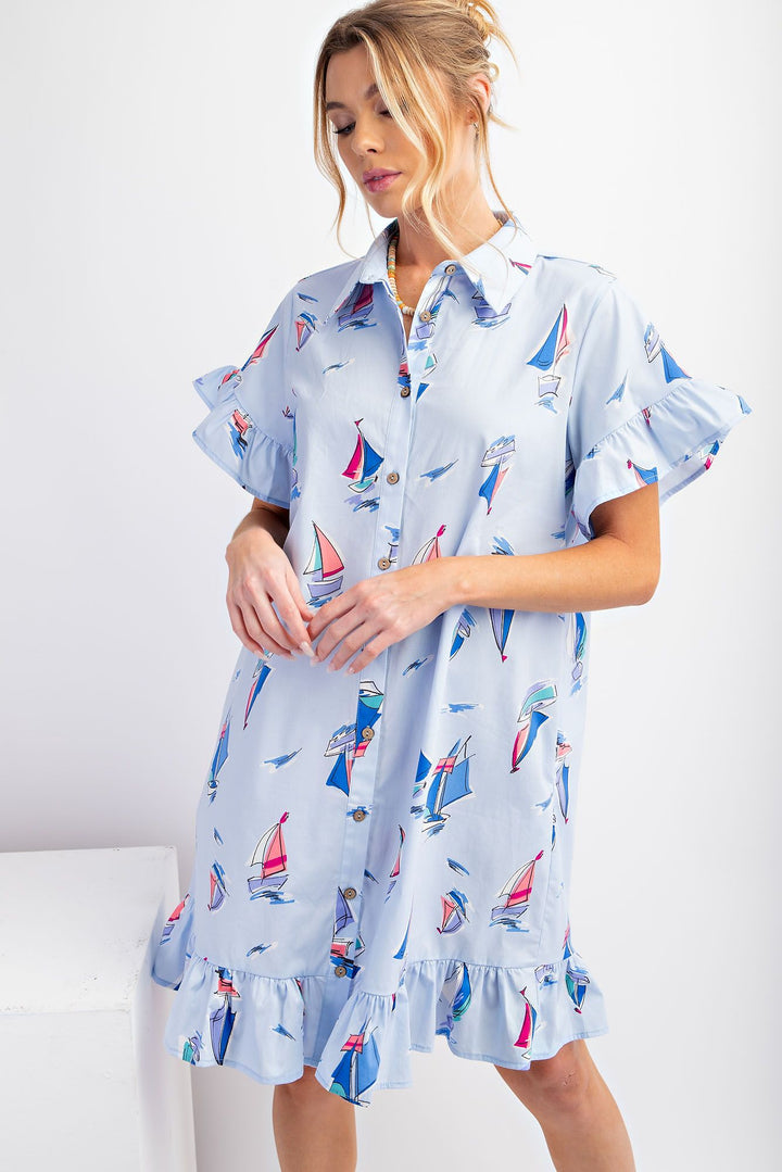 Sailboat Print Shirt Dress