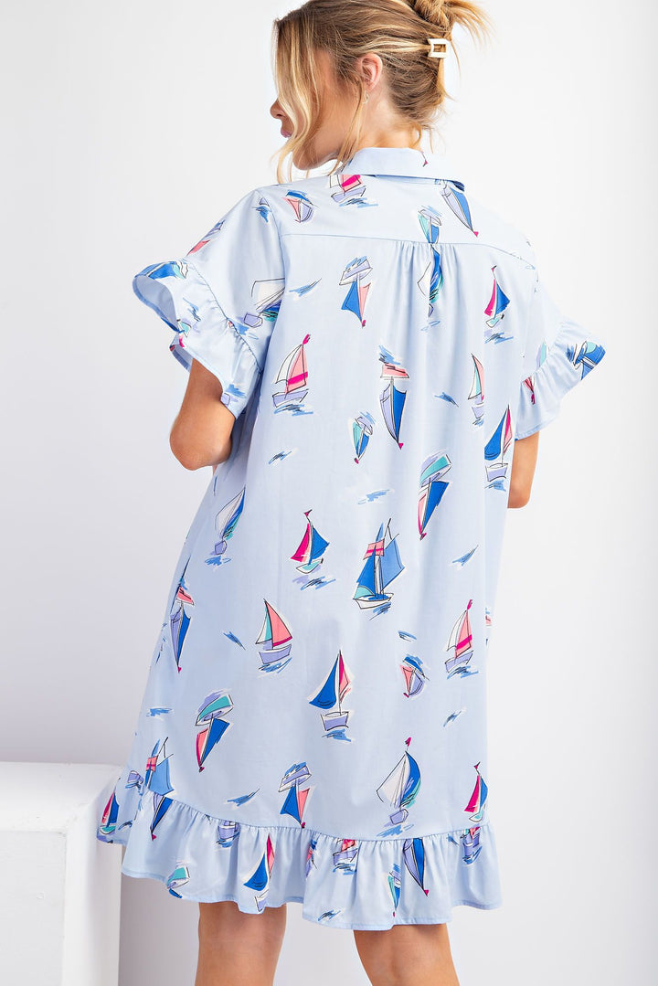 Sailboat Print Shirt Dress
