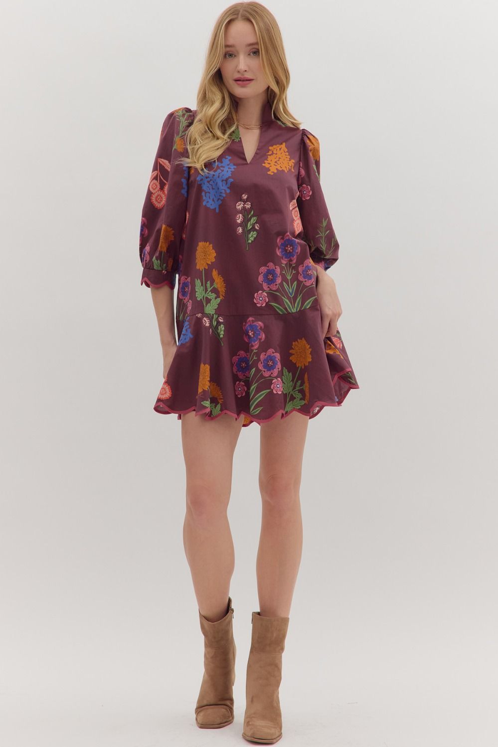 Scallop Hem Floral Mini Dress