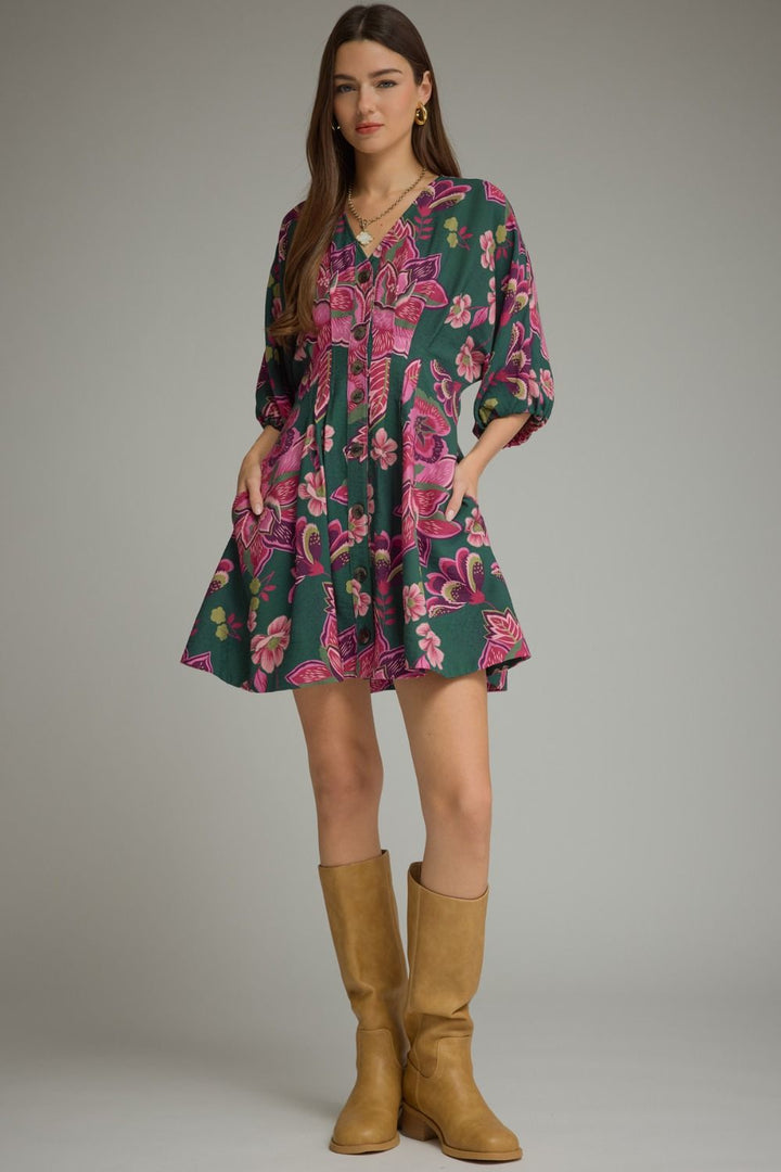 Pleated Floral Mini Dress