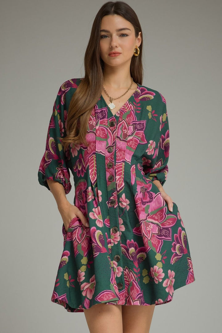 Pleated Floral Mini Dress