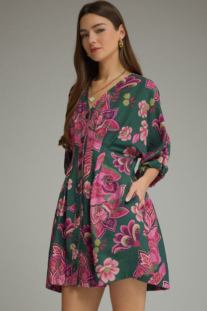 Pleated Floral Mini Dress