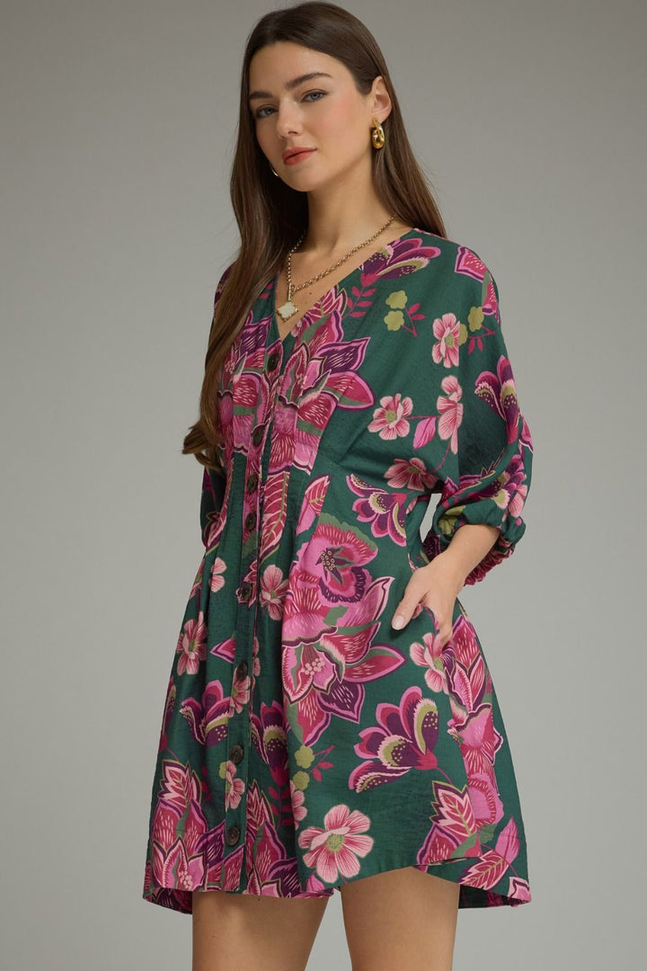 Pleated Floral Mini Dress