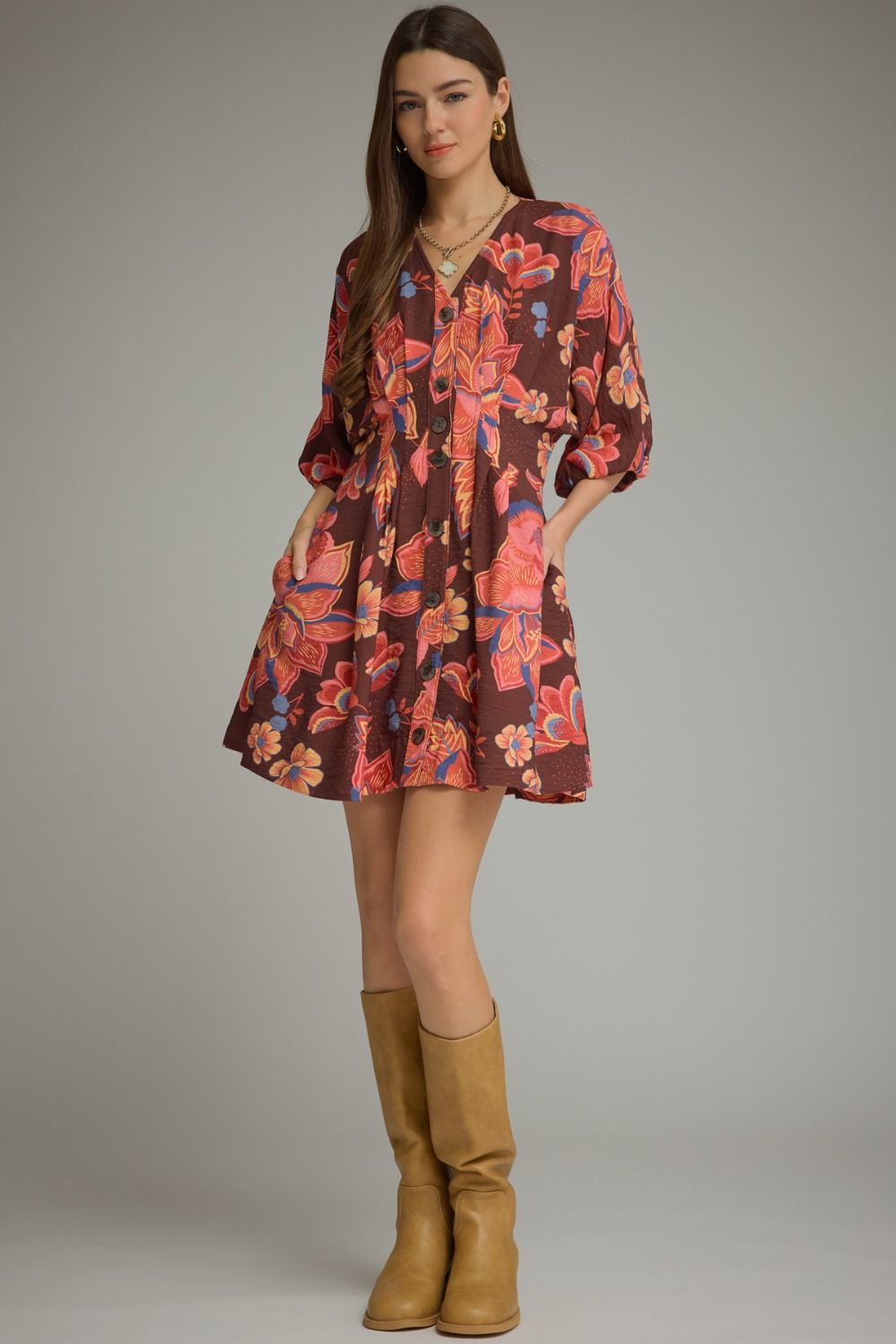 Pleated Floral Mini Dress