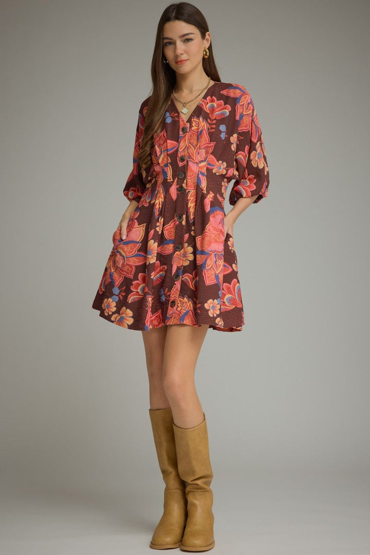 Pleated Floral Mini Dress