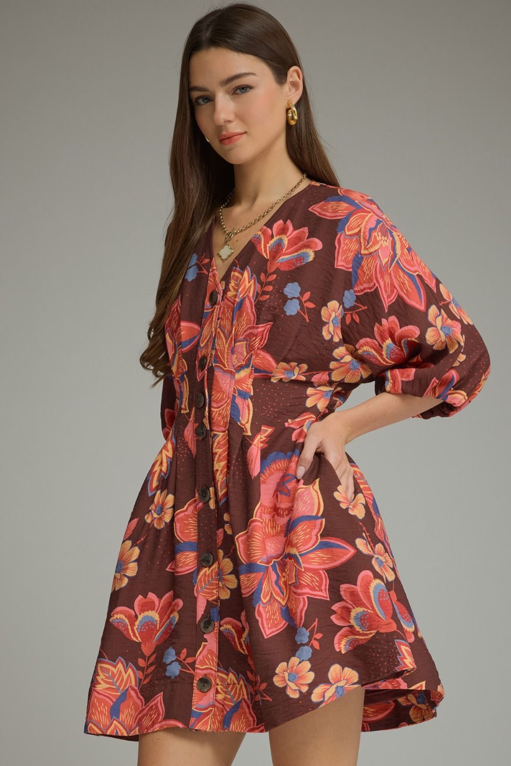 Pleated Floral Mini Dress