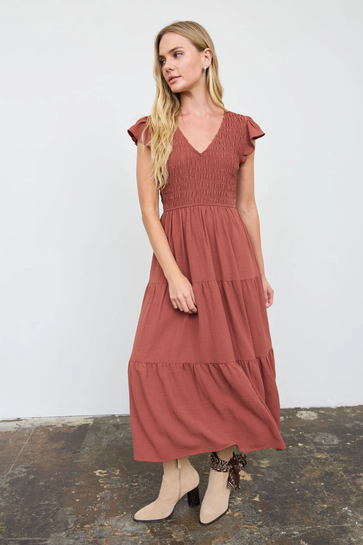 Smocked + Tiered V Neck Dress