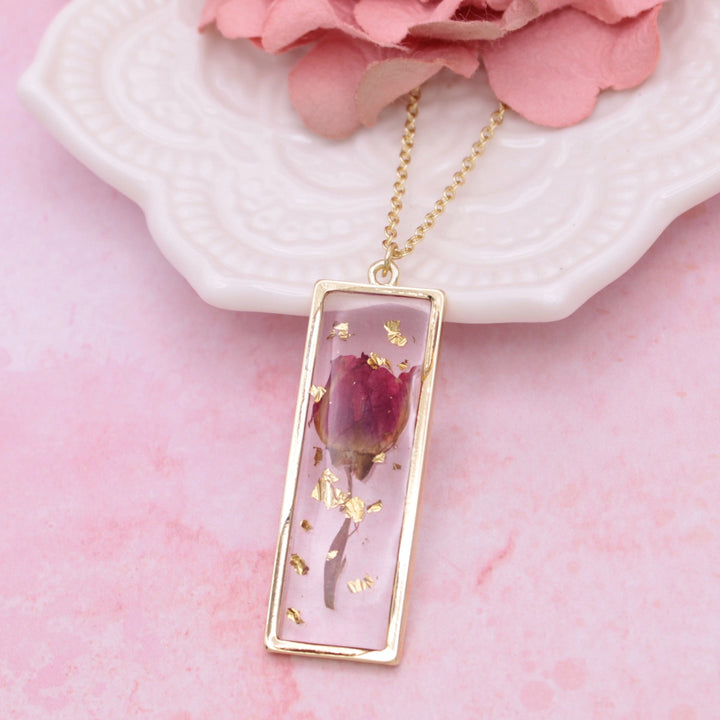 Gold Bar + Red Dried Flower Necklace