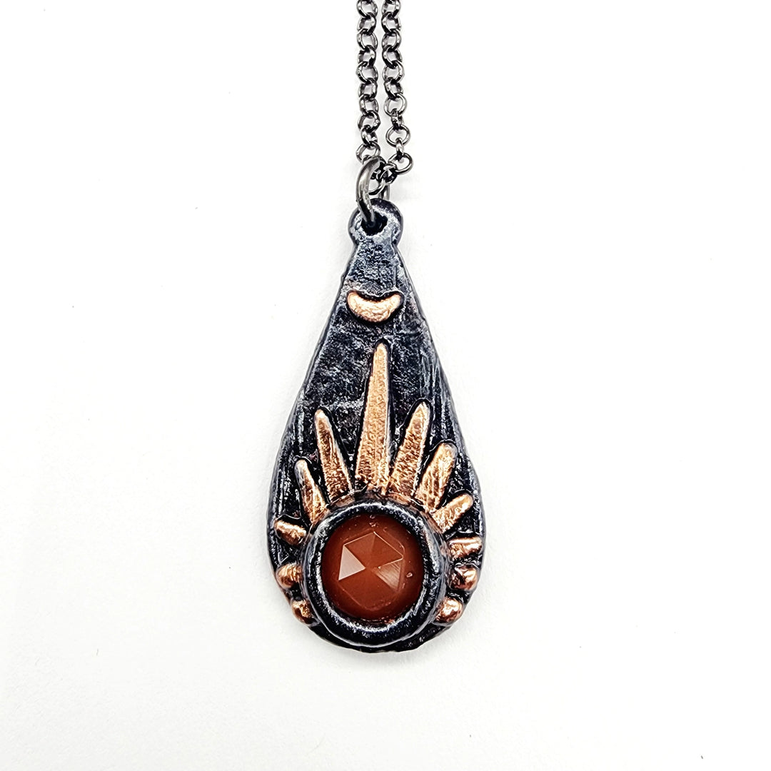 Gunmetal Faceted Carnelian Sunburst Necklace