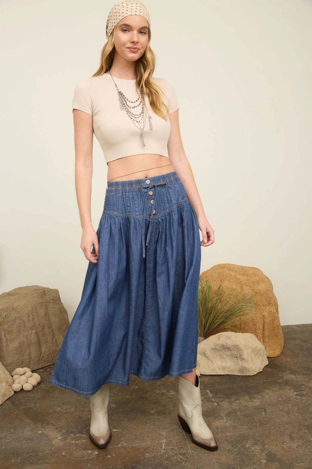 Pintuck Yoke Denim Skirt
