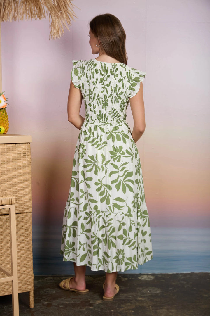 Smocked + Tiered Leaf Print Dress