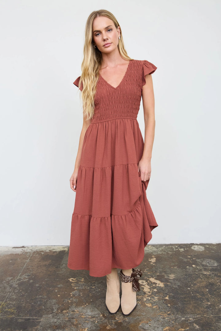 Smocked + Tiered V Neck Dress
